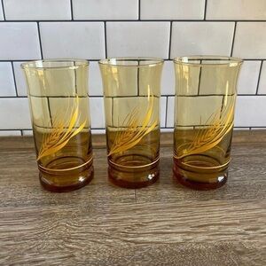 3 Vintage Libbey Amber Drinking Glasses Wheat Water Cups Tumblers Retro MCM